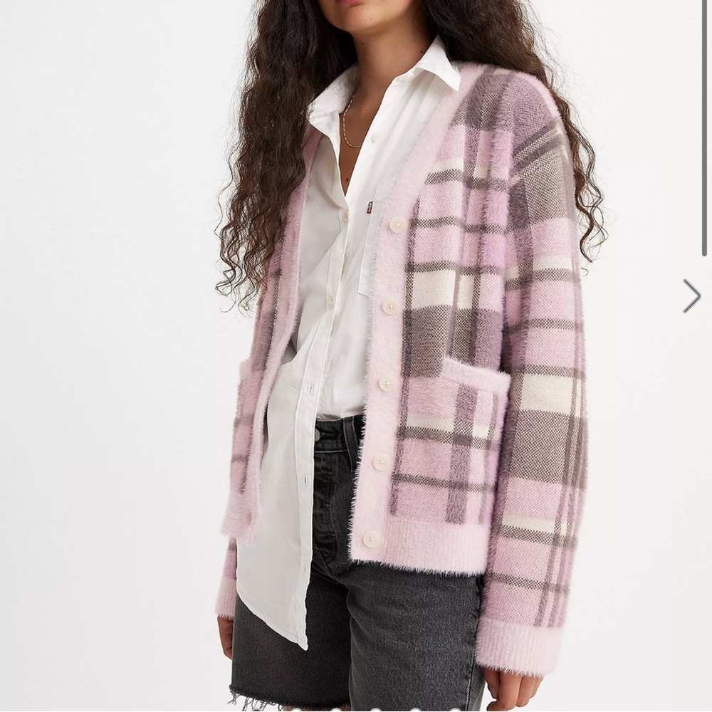 Levi's Womens Betty Cardigan Sweater Pink Gray Plaid Size Small Fuzzy Soft Warm